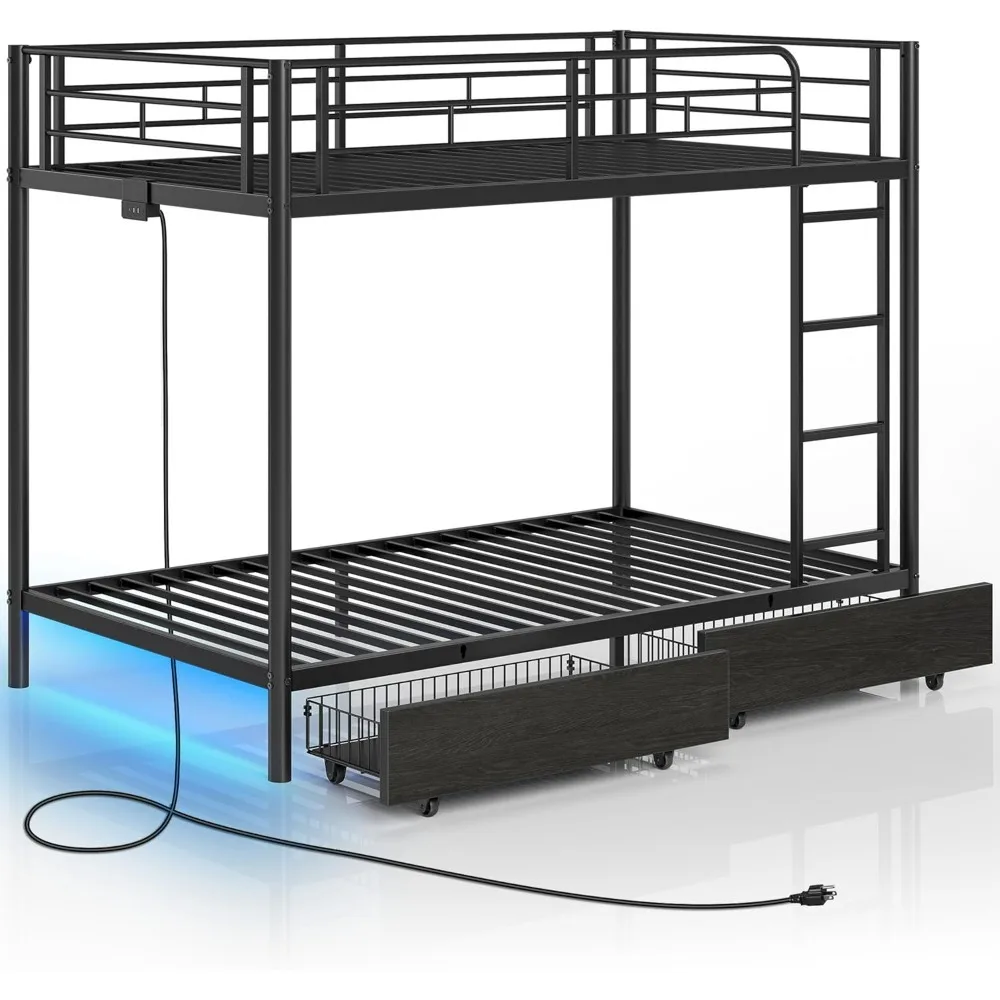 Metal Bunk Bed Twin Over Twin with USB Charging Station, LED Bunk Bed with 2 Storage Drawers,Bed with Safety Guardrail & Ladders