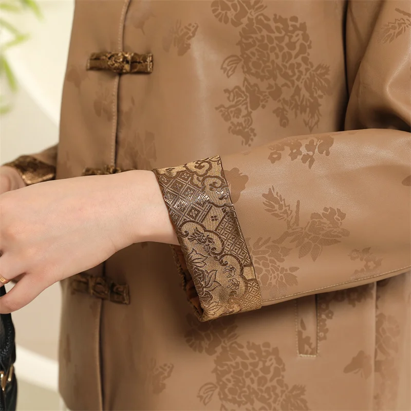 Chinese-style Leather Jacket Women's Vintage Short Coat Coil-buckle Stand-up Collar Top Printed Loose PU Outerwear Spring Autumn