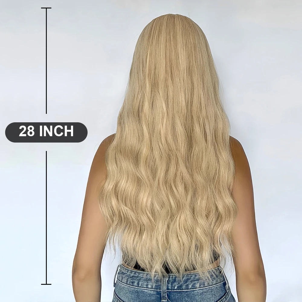 Blond długie kręcone peruki syntetyczne dla kobiet Jasnożółta peruka z naturalnymi włosami typu Body Wave do cosplay Włosy termoodporne z grzywką