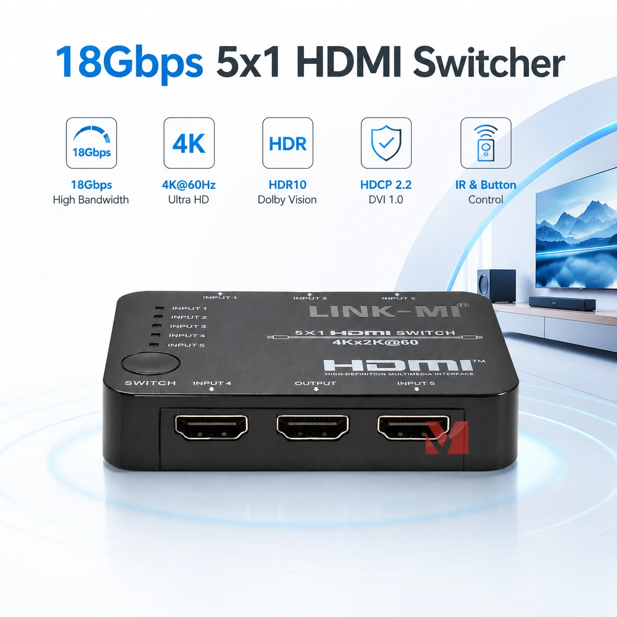 5x1 HDMI Switch 18Gbps 4K60Hz HDMI Switcher HDCP 2.2 HDR 5 Port HDMI Selector Auto Manual Switch IR Remote 3D