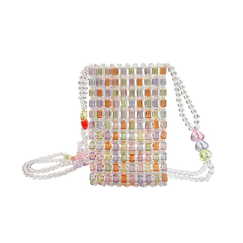 Korean version cute candy colored handmade bead crossbody phone small square bag with hollow out casual portable crossbody bag