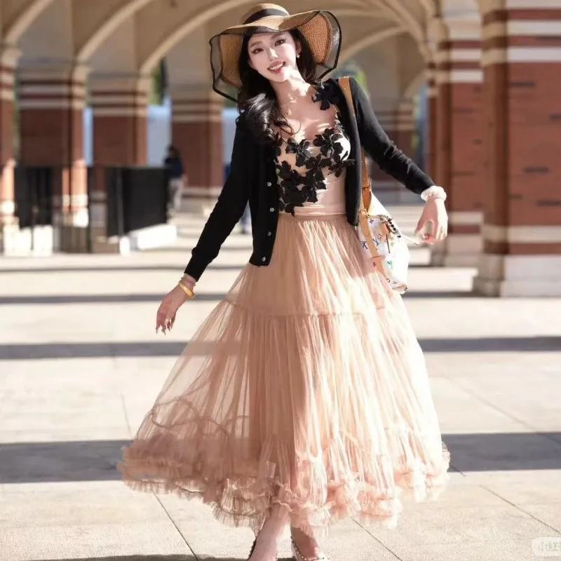 

Women's Tulle Maxi Skirt Tiered Ruffled Hem Flowy A-Line Skirt