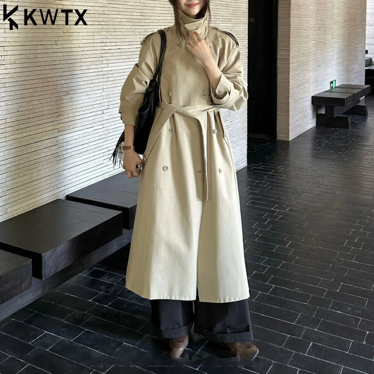 

KWTX Women's Vintage Double Breasted Trench Coat Stand Collar Belted Pockets Solid Color Elegant Designer Autumn Winter New