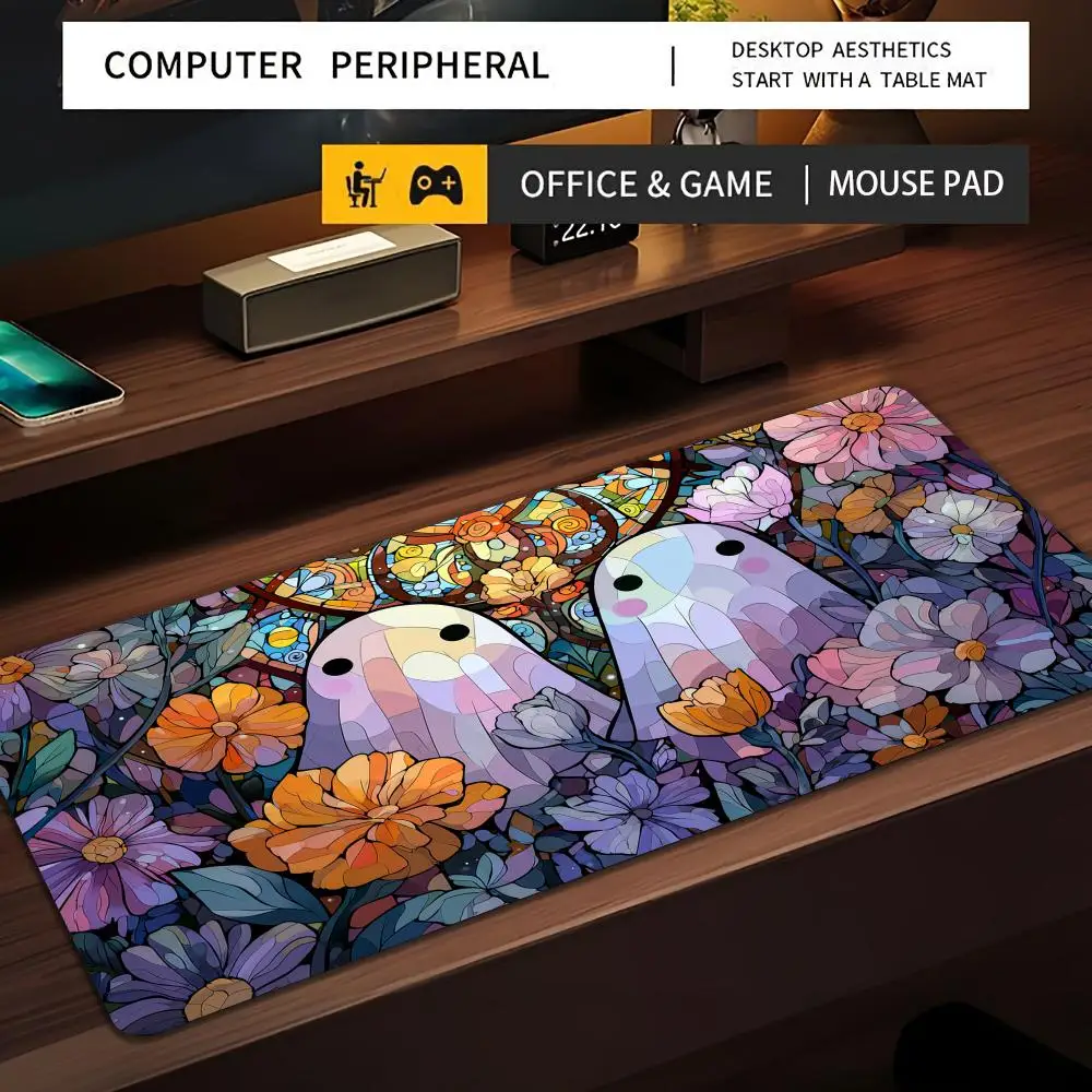

Коврик для мыши с изображением великолепных цветов и милых призраков, нескользящий, прочный, для офиса и игр, с прошитыми краями, HD-печать