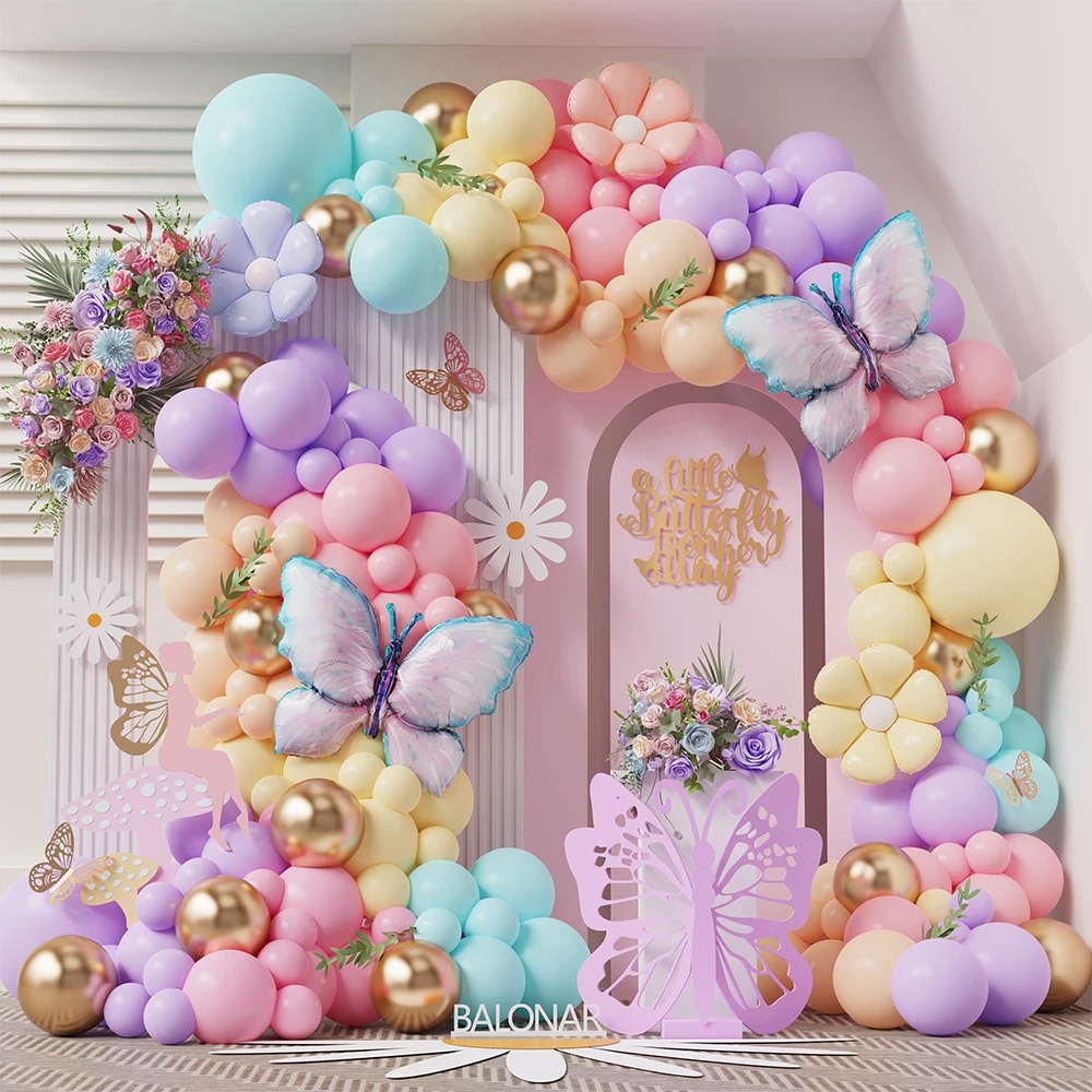 153szt Macaron Różowy Fioletowy Motyl Balon Girlanda Żółta Biała Stokrotka Kwiat Folia Kulka Helu Ślub Urodziny Baby Shower Deco