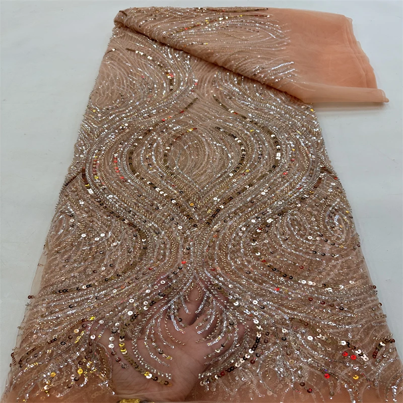 

2026 French Brown Beaded Lace African Sequins Lace Fabrics High Quality Nigerian Tulle Net for Sewing Women Dresses