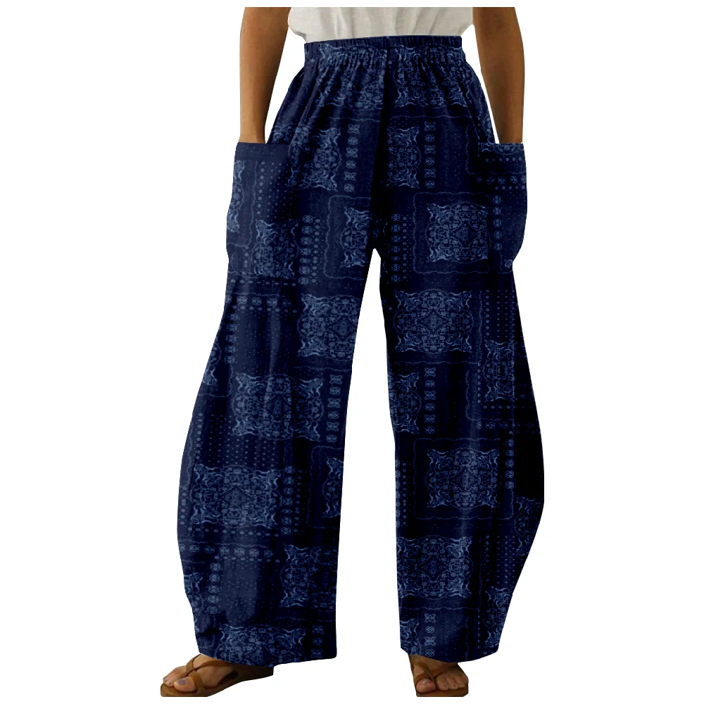 Women's Vintage Ethnic Tribal Pattern Print Casual Wide Leg Pants Retro Bohemian Style Summer Trousers Soft Pants Plus Size