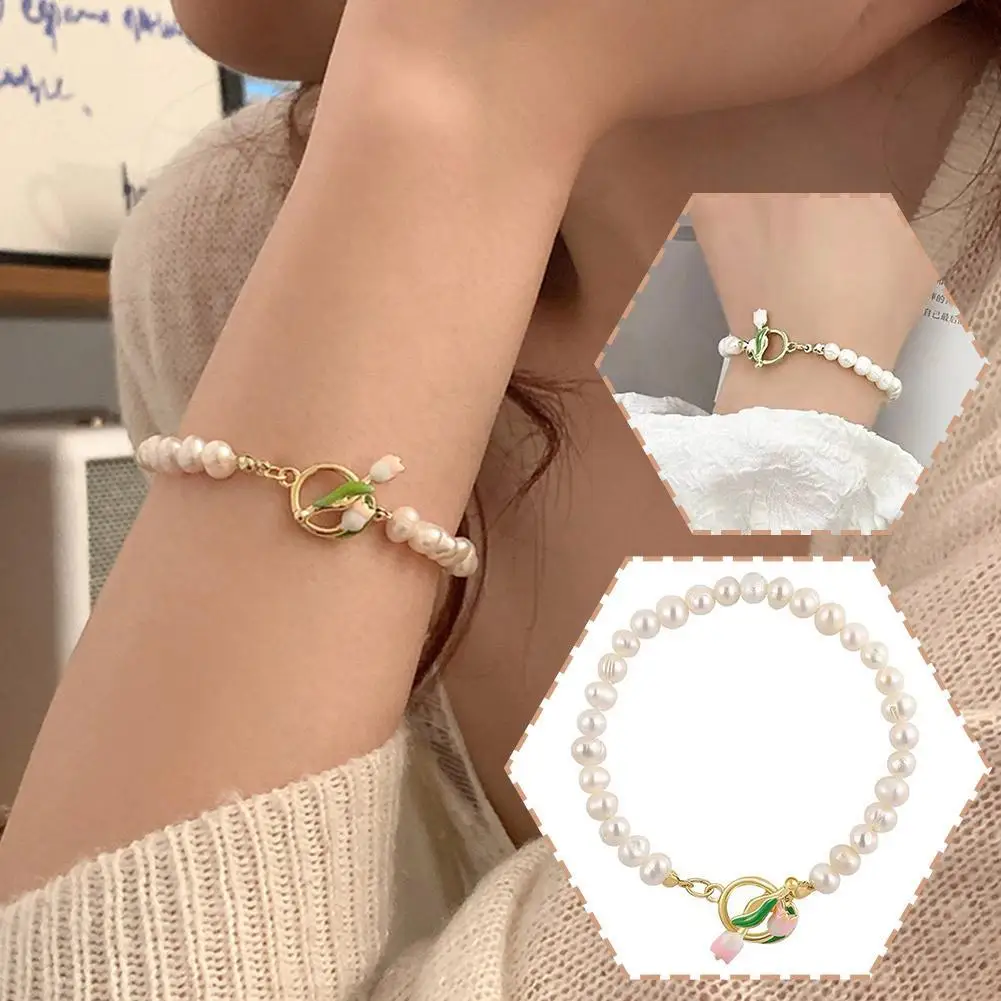 Fashion Korean Sweet Tulip Flower Bracelet For Women Trendy Imitation Pearl Beads Pink Peach Bow Bracelets Jewelry Gift Pulseras