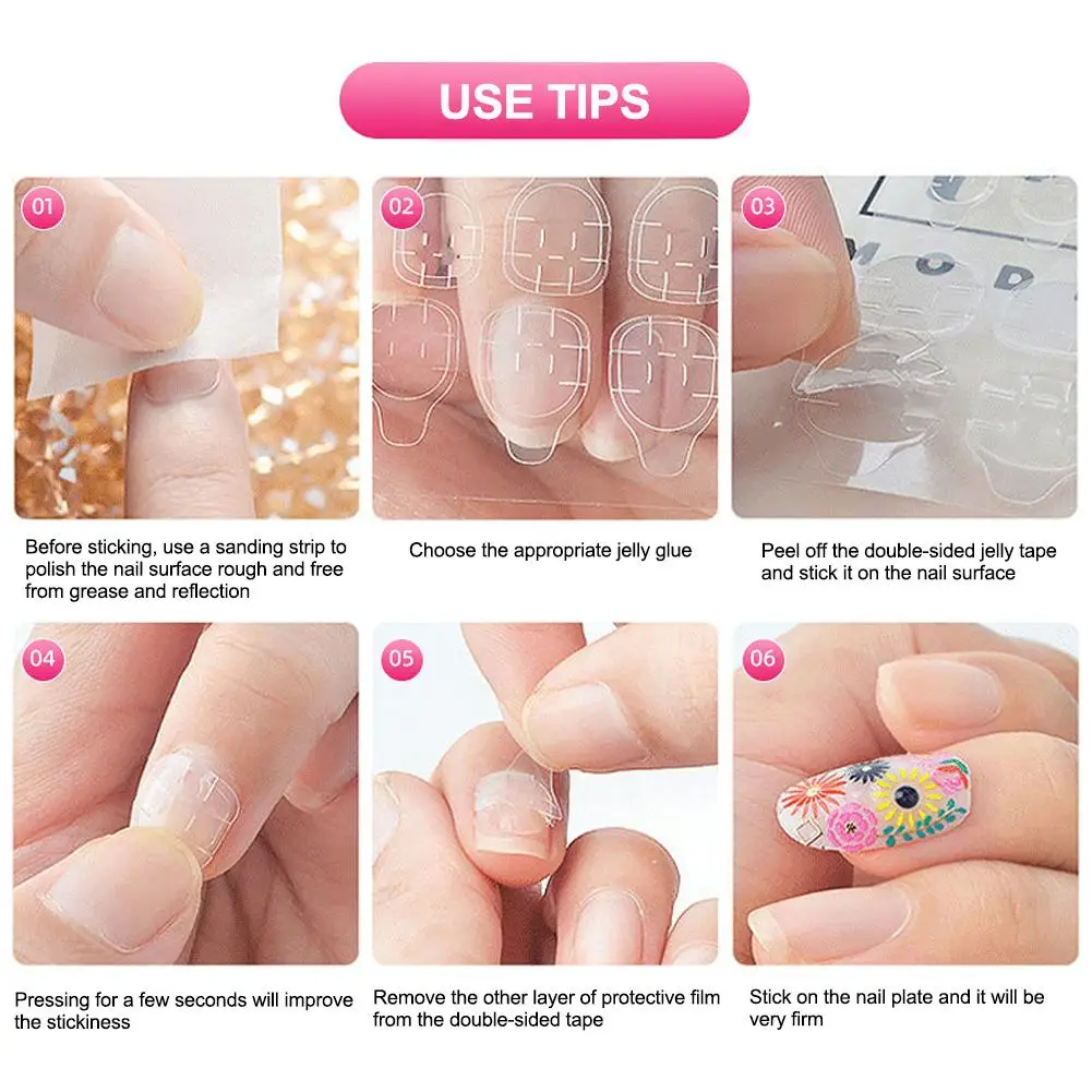 Versione aggiornata Non danneggiano mai le tue unghie Punta falsa Colla per unghie Sostituzione Gelatina impermeabile Nail Art Stiers Profional 24 adesivi