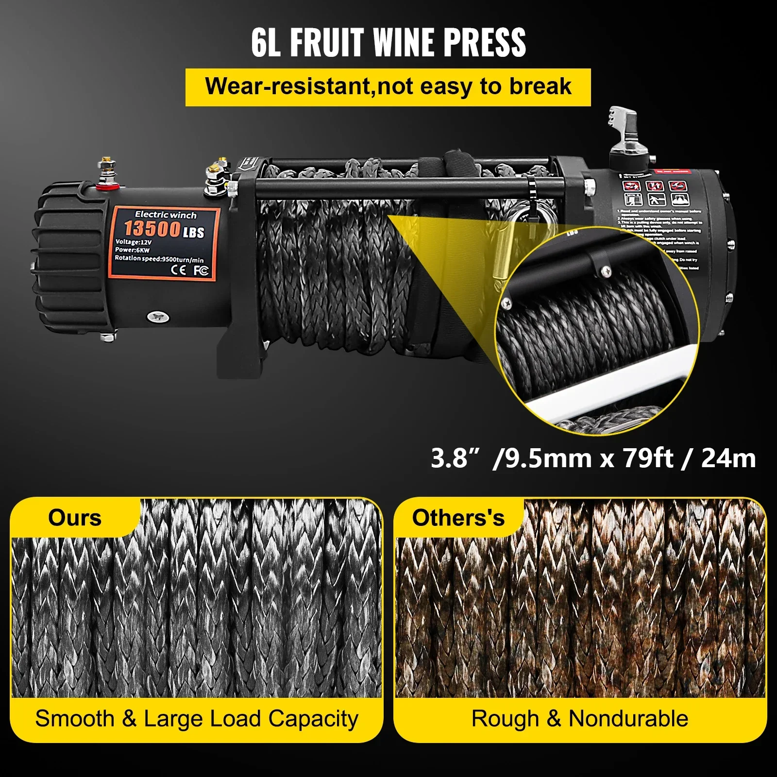 SIHAO 12v 13500lbs  Electric Winch 24M Synthetic Rope with Remote Control for 4X4 Car Trailer ATV Truck Off Road Boat