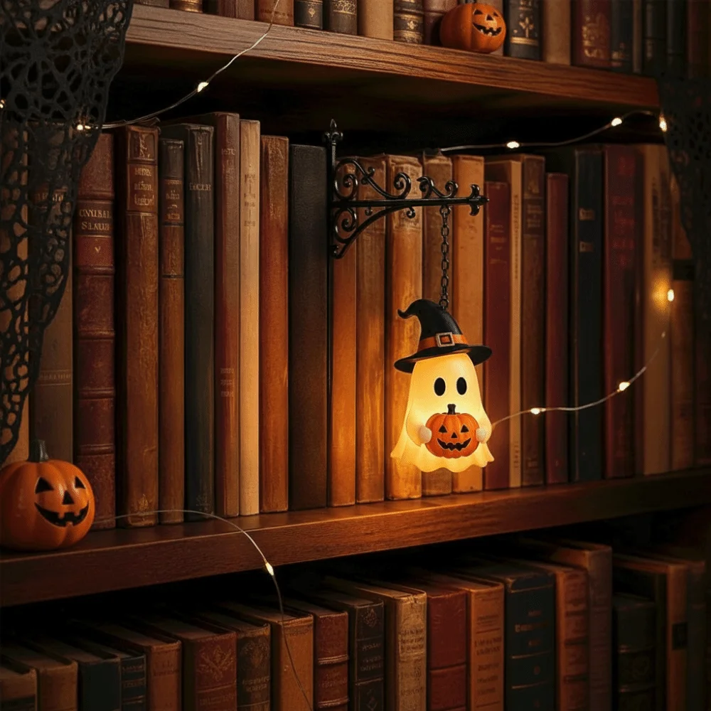 Wrought Iron Street Lamp Bookends Button Cell Battery Powered Matte Black LED Glowing Lantern Retro Style Hollow Out