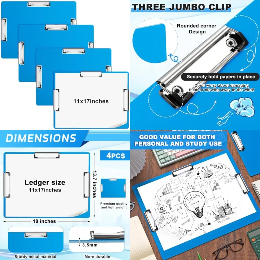 

4 Pcs 11x17 Clipboard Three Clip Blue Extra Large Clipboard Horizontal Drawing Board 11 x 17 Inch Art Sketching Landscape Board