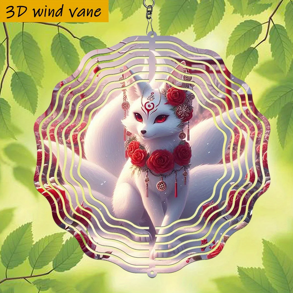 3D  Nine-Tailed White Fox in Red Attire,  with Rotating Hook, 360° Creative Wind Spinner