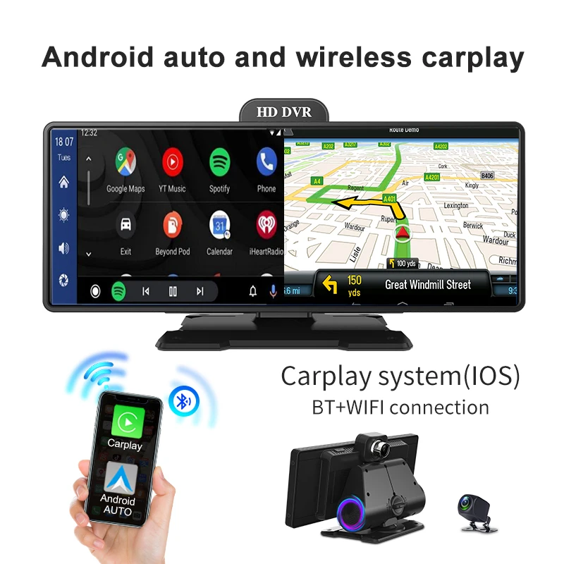 Hot 10.26 Inch Wireless Carplay Android Auto Bluetooth WiFi DVR Dual Cameras Recording 4K HD 1080P APP Control Multimedia Player