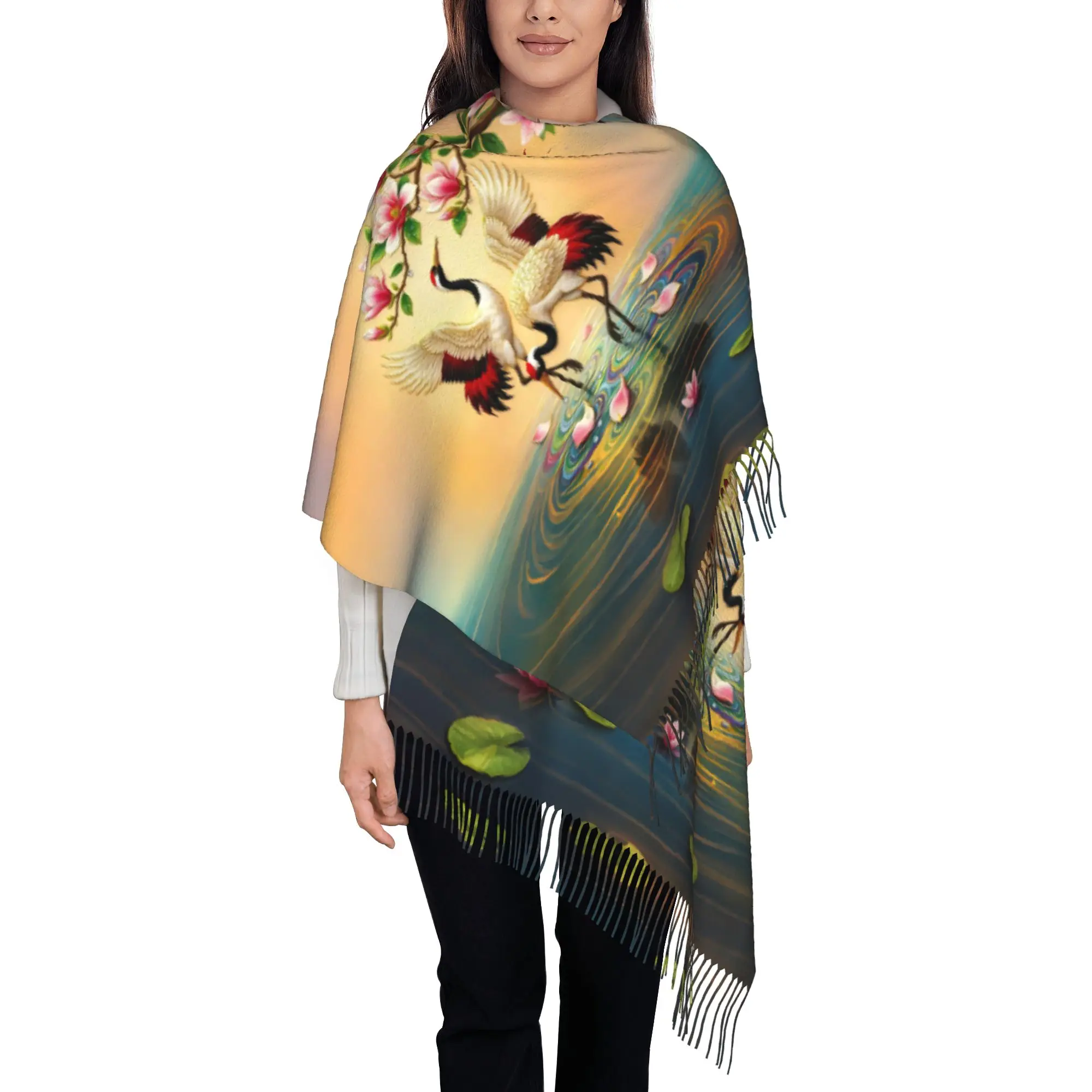 Custom Double Crane Magnolia Lotus Lake Sunset Oriental  Scarf Wrap for Women Long Winter Warm Tassel Shawl Unisex  Scarves