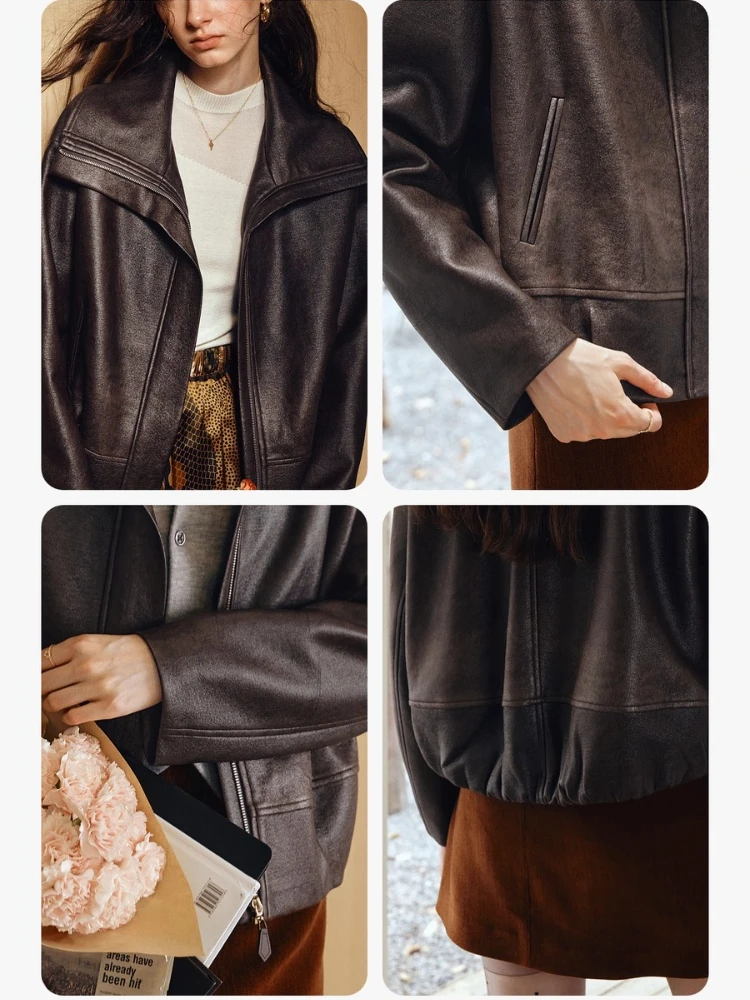 OLrain femmes veste en simili cuir col rabattu à manches longues conception veste 2025 automne solide décontracté coupe ample manteau GO57QW001628