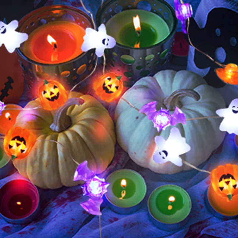1PC Halloween Copper Wire String Light With Pumpkin Bat Ghost Hanging Fairy Lamp Battery Powered For Home Bedroom Festival Decor