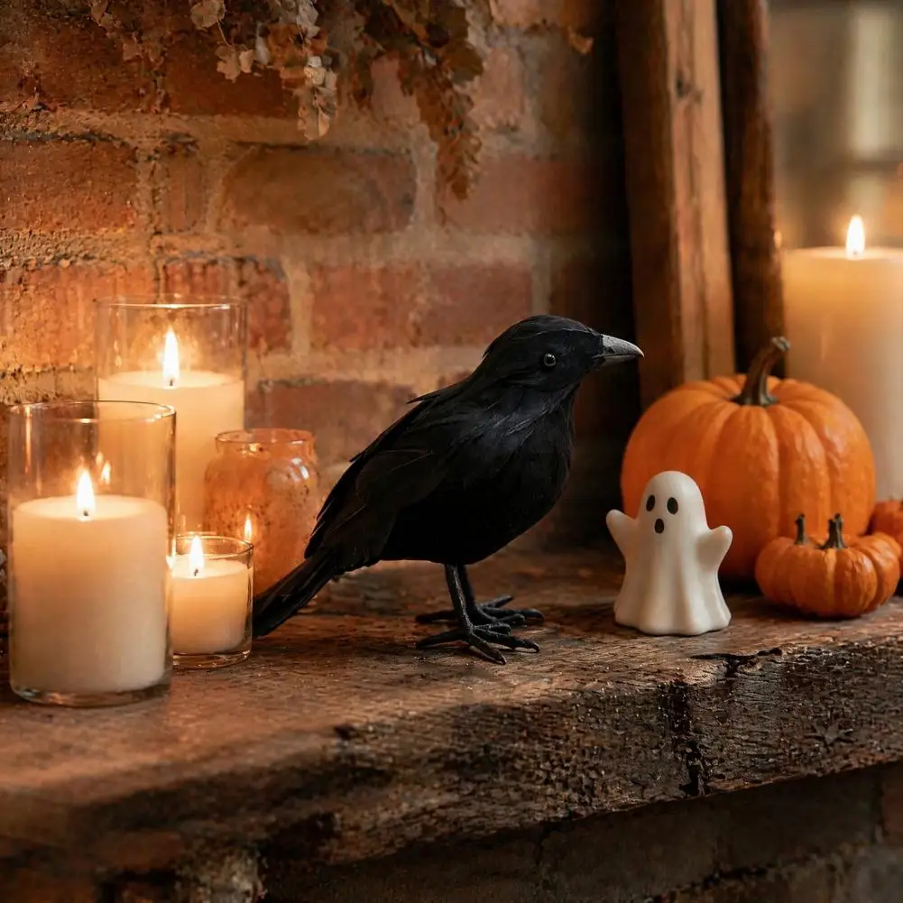 Simulated Feather Realistic Black Crow Halloween Decor Feathered Raven Figurine Artificial Bird Ornament for Haunted House