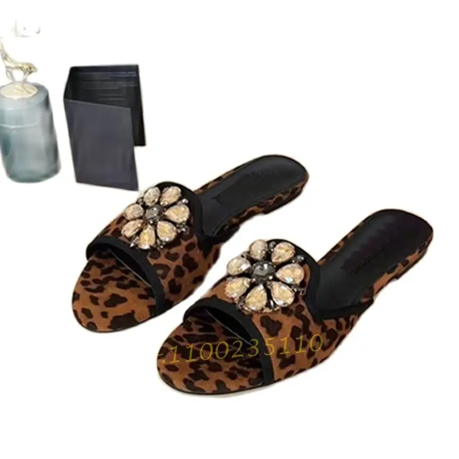 Crystal Flower Leopard Flat Slippers Women Summer Comfy Brown Shoes Sexy Open Toe Rhinestones Slippers Casual New Arrival Shoes