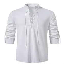 2023 New Men's V-neck shirt T-shirt Fashion Vintage Thin Long Sleeve Top men Casual Breathable Viking Front Lace Up man Shirts