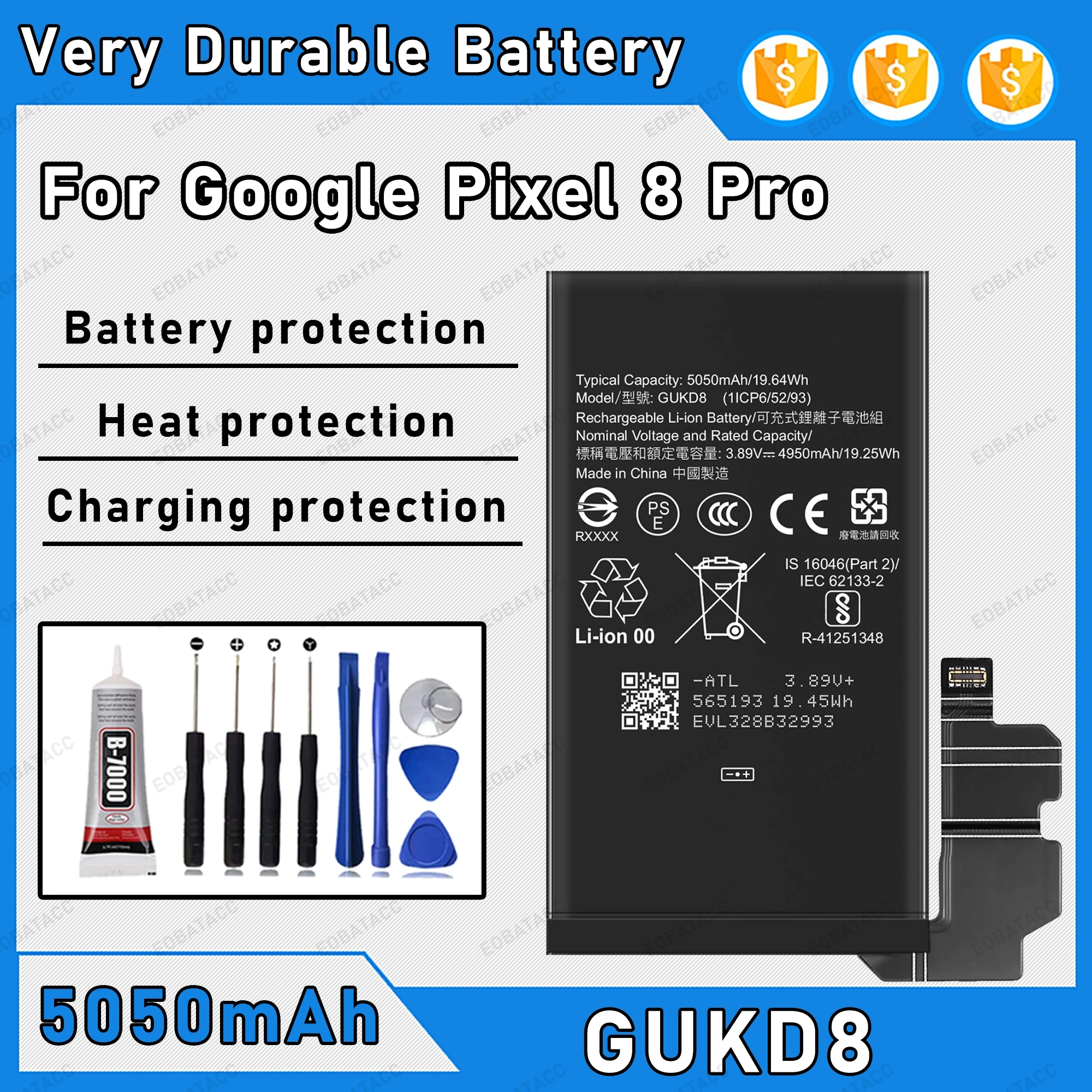 

5050mAh 100% New GUKD8 Battery For Google Pixel 8 Pro Replacement Bateria+Free Tools