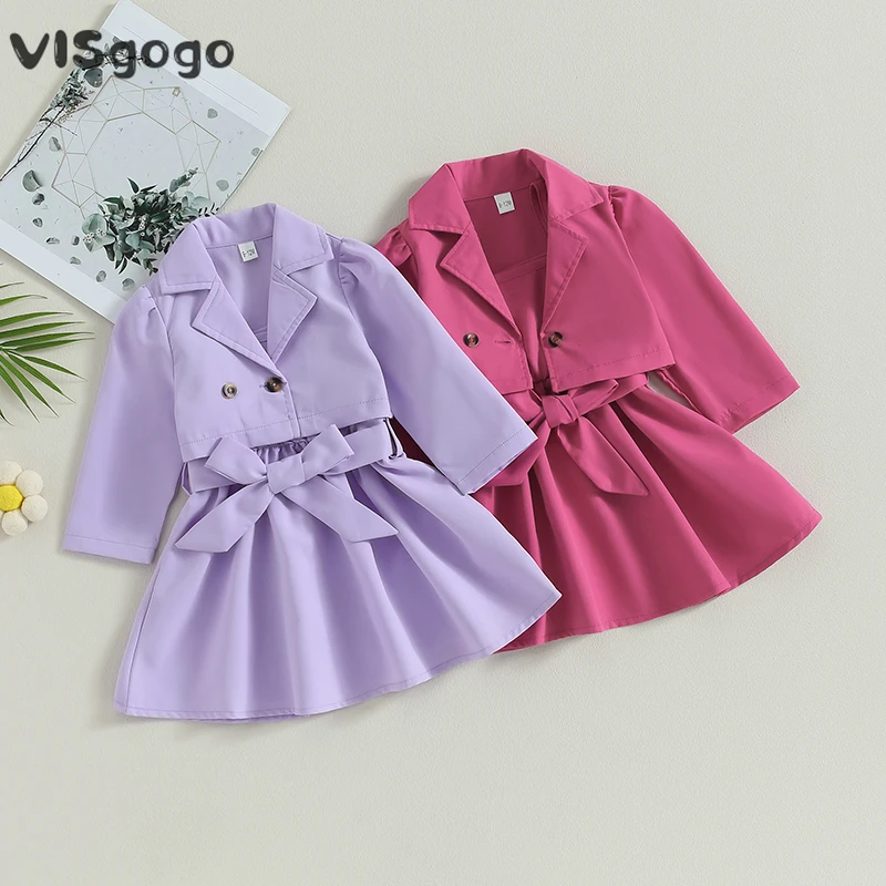 

VISgogo Toddler Girl 2Pcs Fall Outfits Sleeveless High Waist Belted Pleated Sling Dress Double Breasted Trench Coat Clothes Set