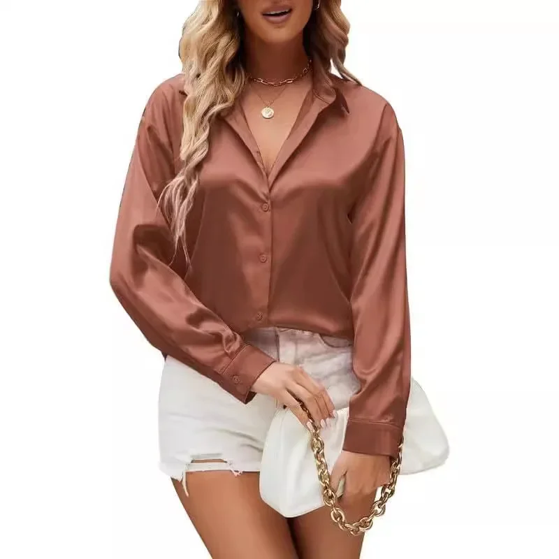 

2025 women's clothing spring and autumn explosion solid color loose simulation silk shirt long sleeve satin top