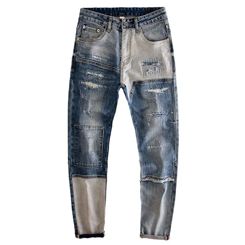 Fashion Streetwear Men Jeans Retro Washed Blue Stretch Slim Fit Ripped Jeans Men Patched Designer Hip Hop Denim Pants Hombre