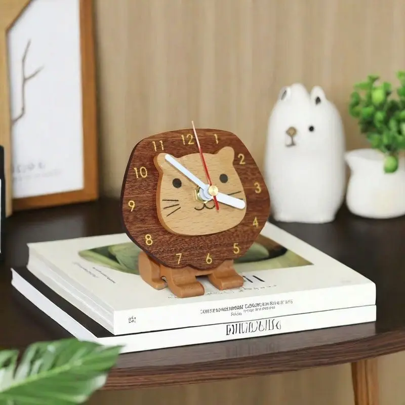 

Desktop MDF Little Lion Clock Walnut European-style Simple Hollow Digital Solid Wood Clock