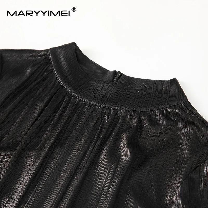 MARYYIMEI Autumn New Style Vintage Designer Dress Women Lantern Sleeved High waist Pleated Splicing Elegant Dresses With Belt