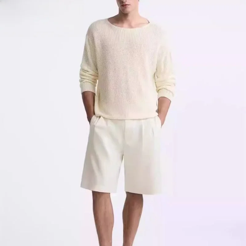 

Spring 2025 Men's Casual round Ne Long Sve Knitted Pure Linen Sweater Comfortable Breathable Faionable Urban Sle