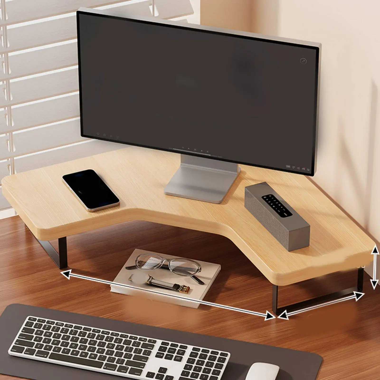 Desktop Computer Stand Corner Wood Monitor Riser Desk Shelf Organizer with Keyboard Storage for Office Workstation