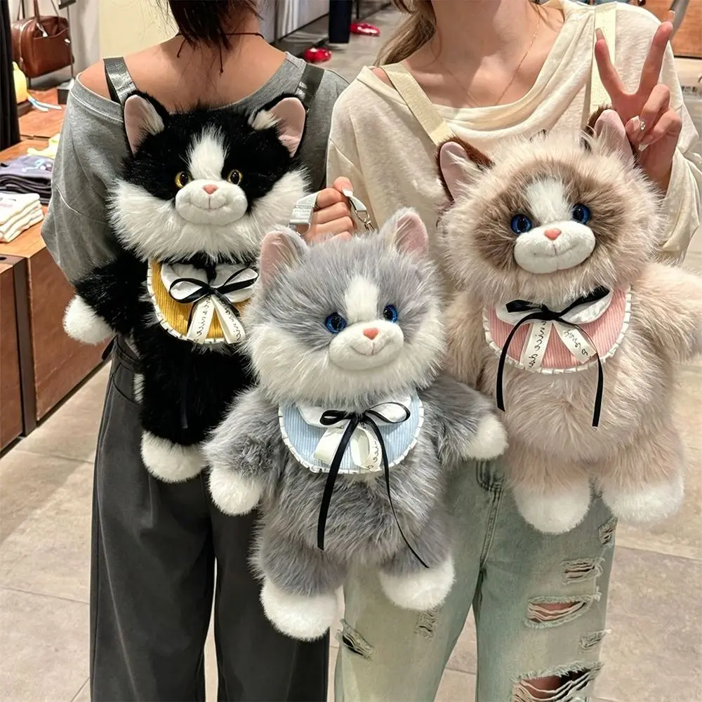 Kawaii Realistic Simulated Cat Backpack Soft Small Capacity Ragdoll Backpack Cute Cartoon Doll School Bags Women