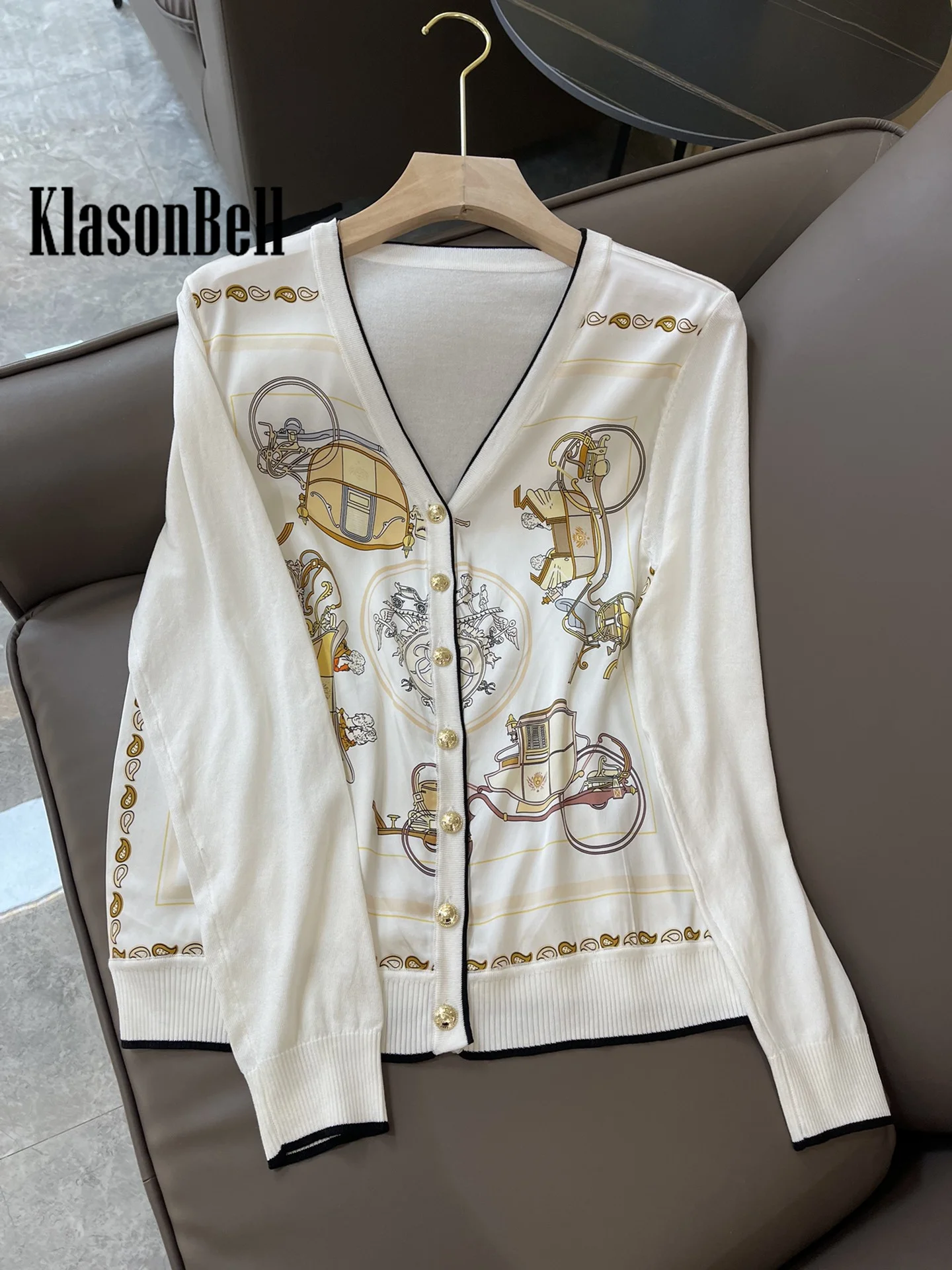 3.7 KlasonBell 2024 New Silk Print Spliced V-Neck Gold Button Loose Thin Knitted Cardigan Coat Women