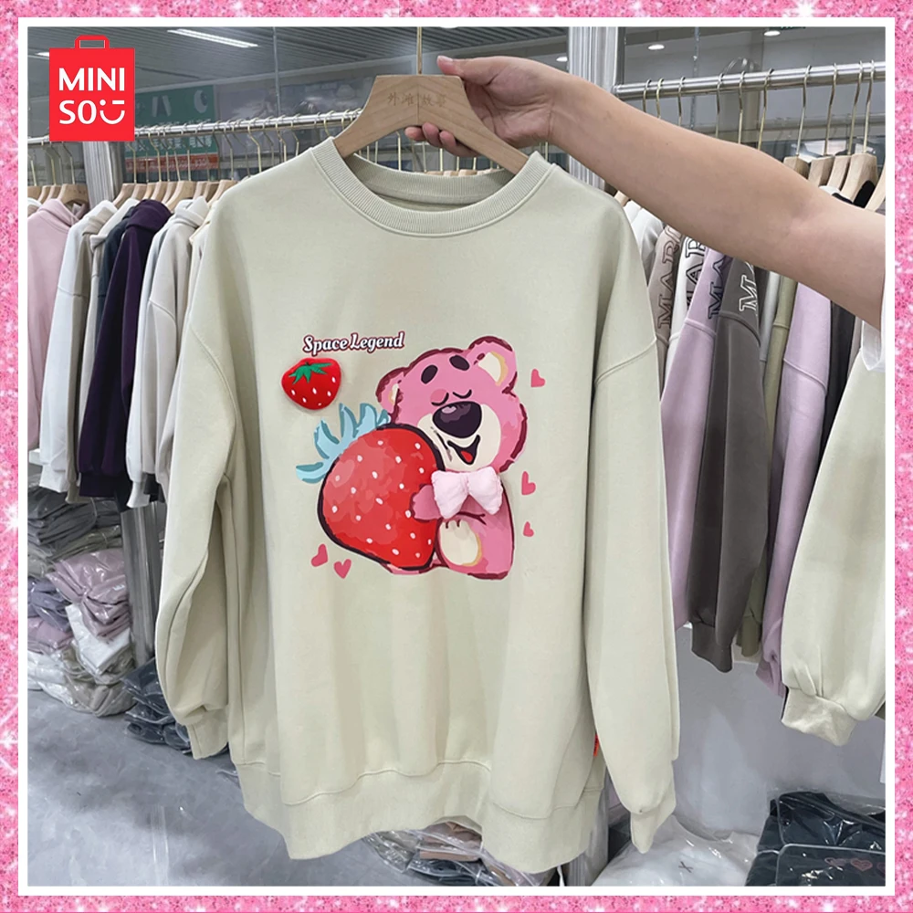 New Miniso Lotso Pink Kawaii Cartoon Printed Girl Round Neck Loose Top Long-Sleeved Sports Hoodie Coat Birthday Gift Sweatshirt