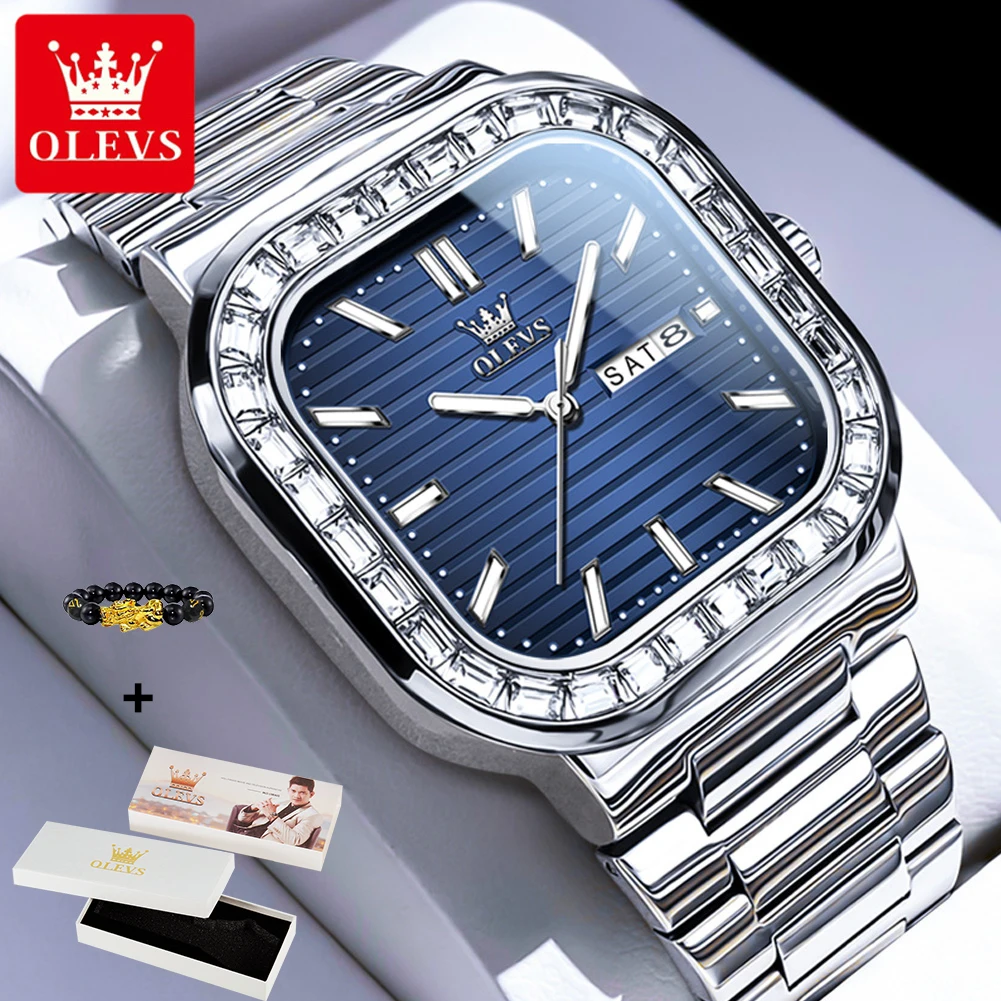 OLEVS 9966 New Diamond Quartz Watch For Men Square Dial Dual Calendar Man Wristwatches Stainless Steel Waterproof Hand Clock