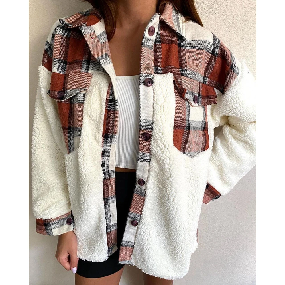 

Autumn/Spring Women Plaid Print Fluffy Stitching Turn-down Collar Shirt Coats New Fashion Femme Clothes y2k Pocket Decro Jackets