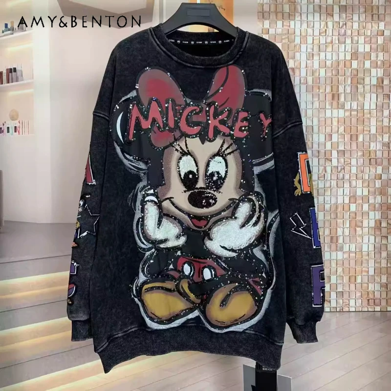 

Popular Brand Autumn Winter Fleece Hoodies Heavy Industry Wash Cartoon Loose Fashion Thickened Crew Neck Sweatshirt For Ladies