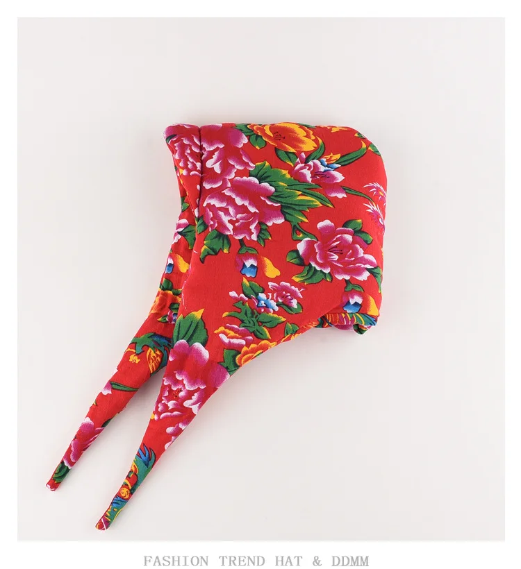 Northeast Big Flower Cloth Headgear Women\'s Winter Cotton Headscarf Hat Ethnic Style Village Girl Warm Ear Protection Bomber Hat