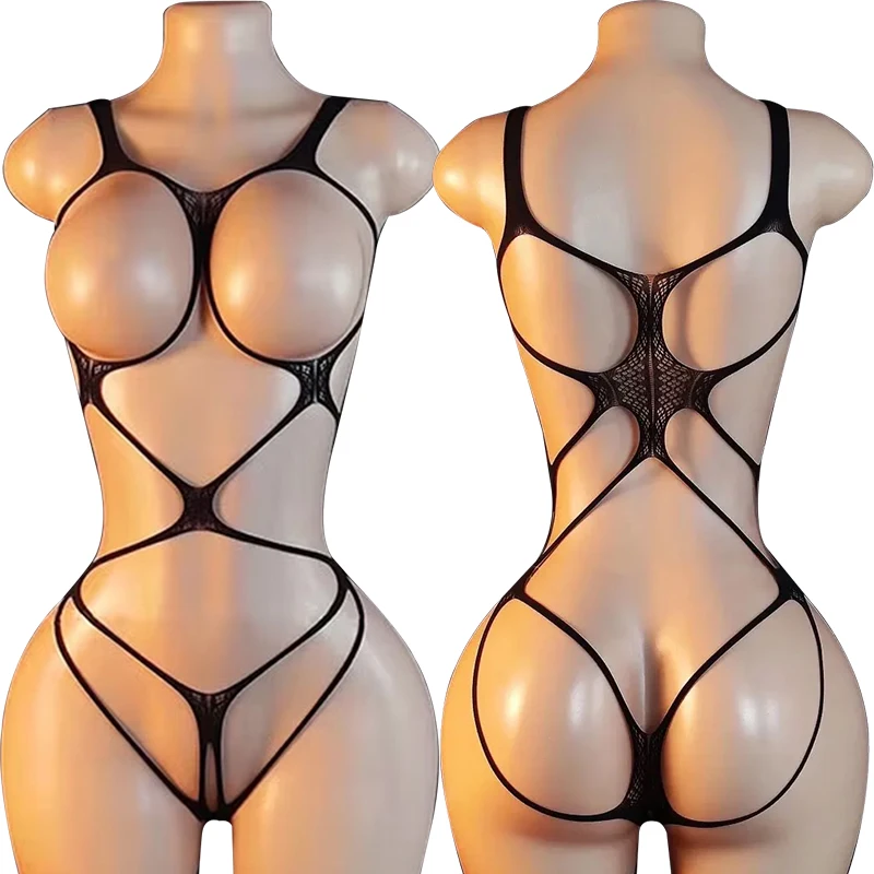 

Sexy Lace-Up Mesh Bodysuit Cross Tie-On Hollow out Topless Thong Costume See-Through Adult's Crossbody Costume