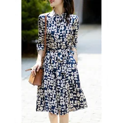 100% Real Mulberry Silk Dress Lace Up Slim Floral Summer Dress Women Clothing Mid-length Office Lady Dresses For Women Zm3299