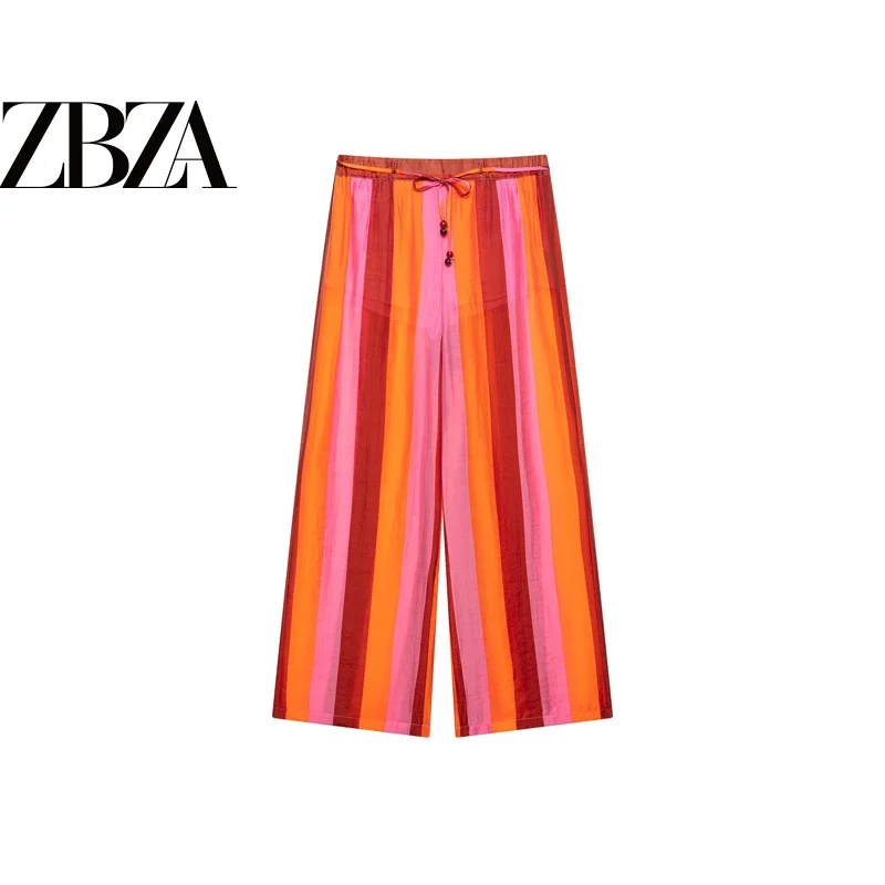 Casual Striped Loose Wide Leg Pants for Women Versatile Commute Style Polyester Fabric mid Stretch Ladies Trousers