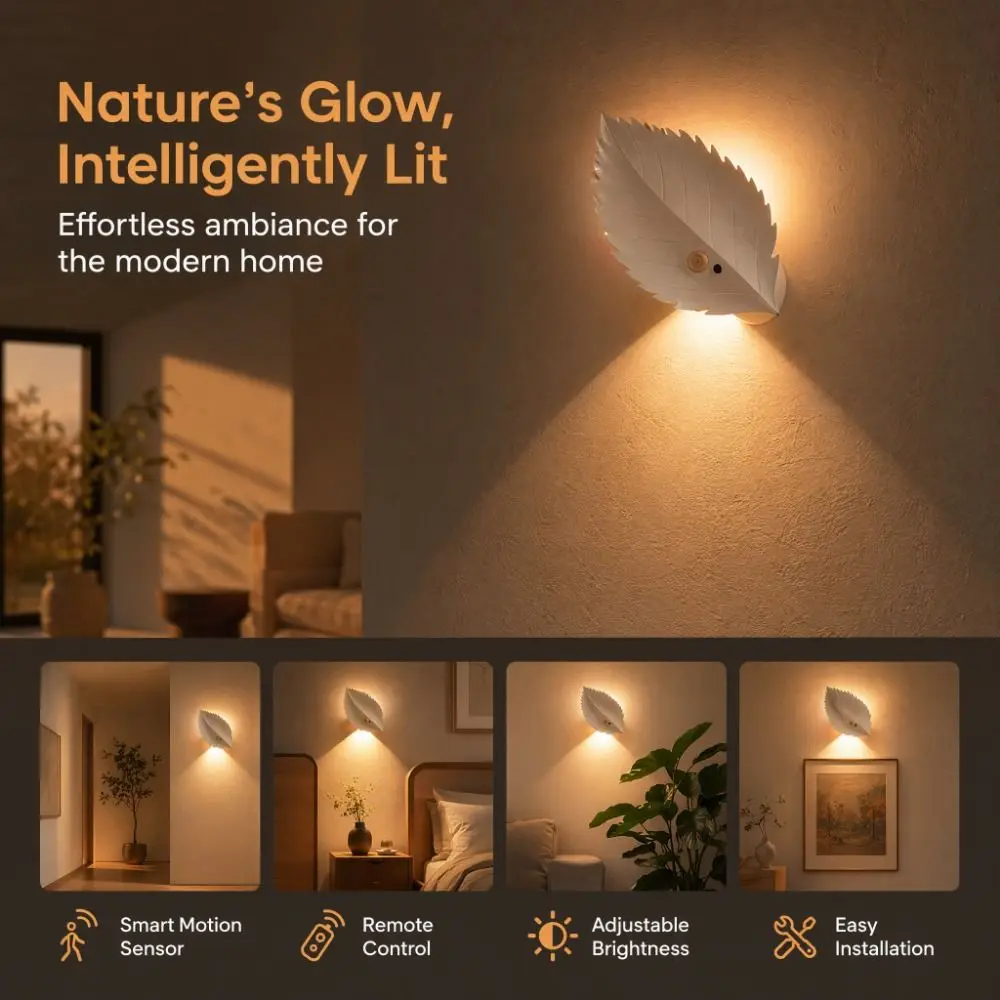 RGB/Warm Light Leaf Wall Lamp Wireless USB Rechargeable Motion-sensing Night Light Dimmable Decorative Lighting