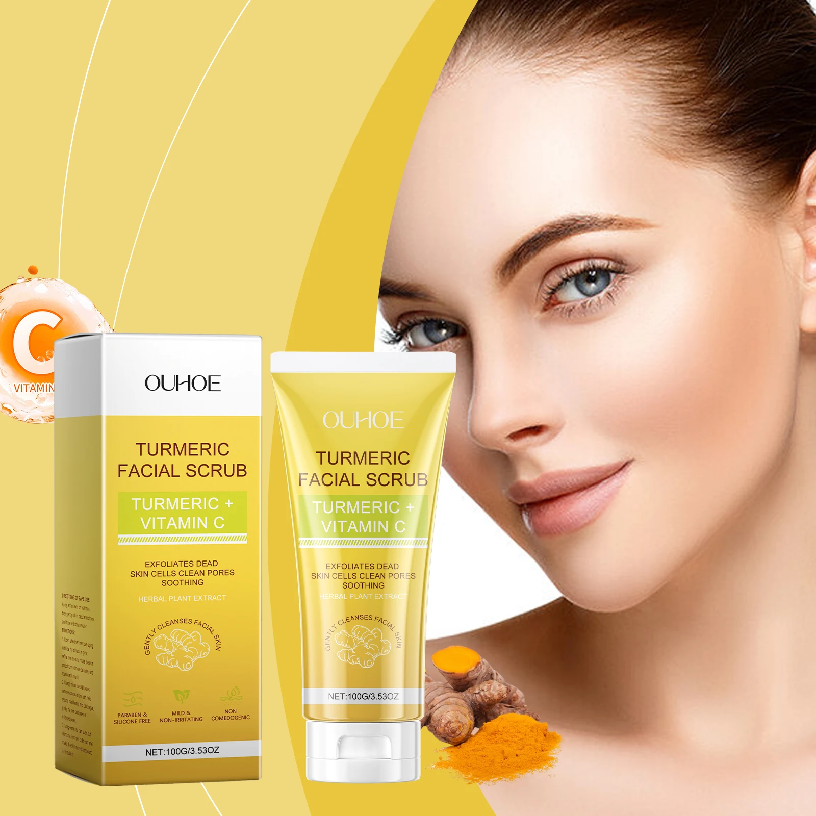 Gommage visage au curcuma et à la vitamine C – Gommage exfoliant pour le visage 100 g/3,53 oz pour éclaircir, nettoyer en profondeur les pores, élimination des peaux mortes