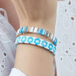 Elegant Fashion Boho Style Enamel Geometric Beads Stretch Rainbow Lucky Women's Bracelet Bangle DIY Beaded Couple Jewelry
