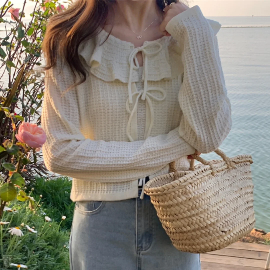 

Вязаный кардиган с милой кружевной отделкой и ремешком, комплект из двух предметов, женский весенне-осенний новый комплект Agel Faion, прямой длинный све