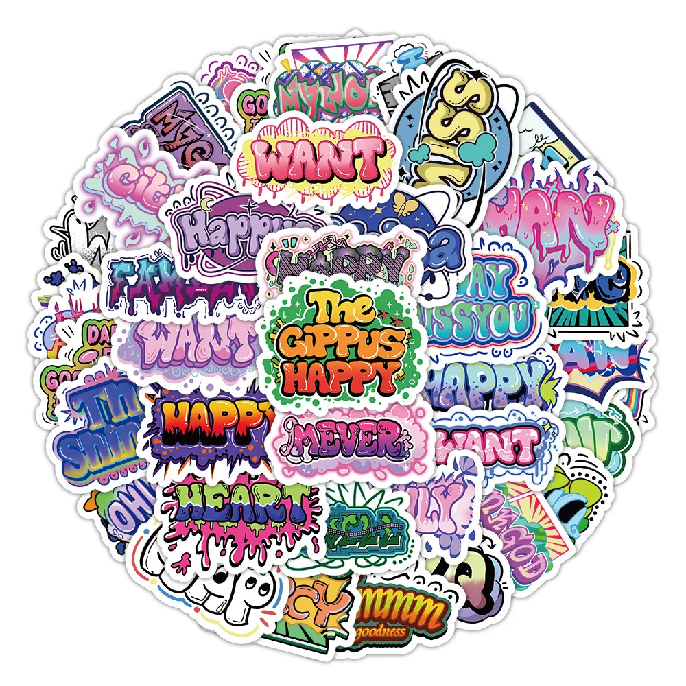 10/30/50PCS Trend English Phrases Stickers Aesthetic Cool Text Cartoon Decal Graffiti Motorcycle Laptop Skateboard Sticker Packs