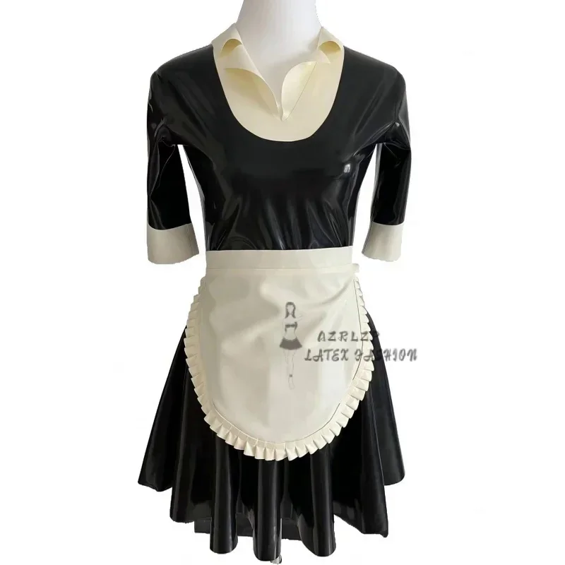 

Black and White Sexy French Maid Latex Dress Long Sleeves With Apron Back Zipper