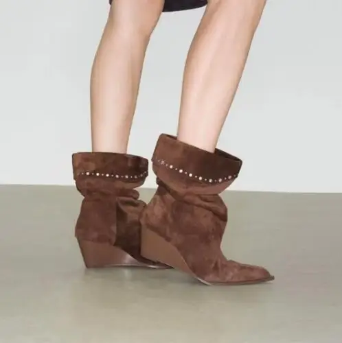 

Autumn Lady Brown Green Suede Patchwork Turned Edge Fold Pointed Toe Wedge Mid-calf Boots Women Slip On Pleated Short Boots