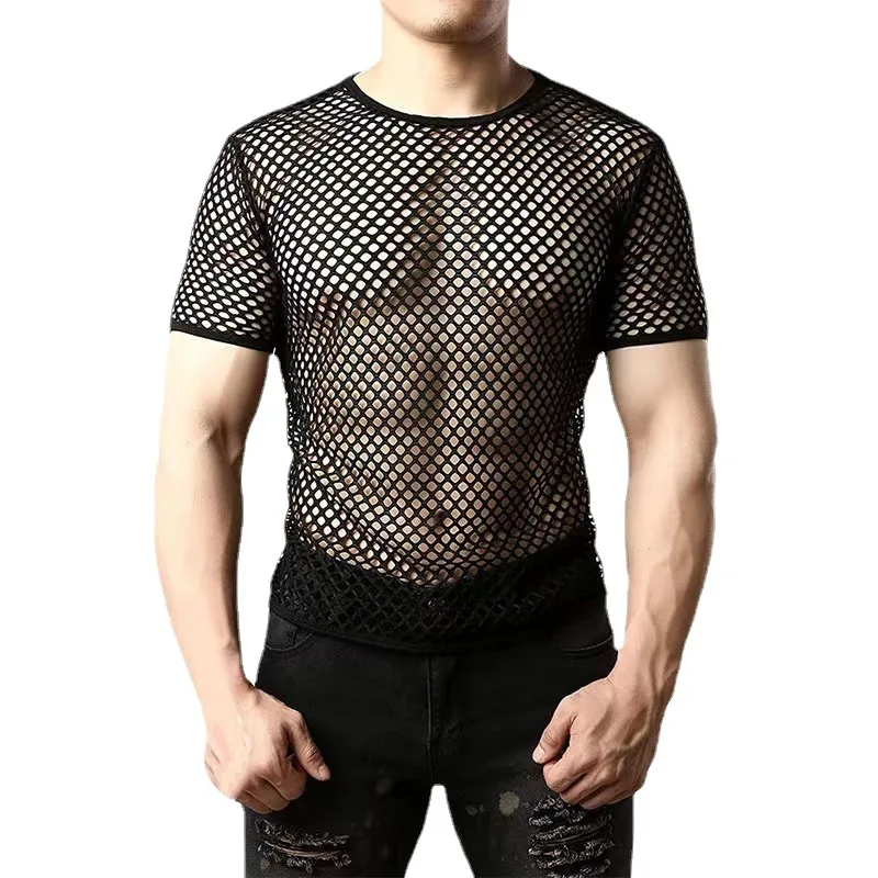 Style Male Personality Hollow-out Jacket Fishnet Mesh Perspective Short-sleeved T-shirt Men Nightclub Dancers Sexy Costume Men